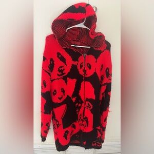 Young Republic Red & Black Panda Knit Zip-Up Long Cardigan Hoodie unisex Sz M